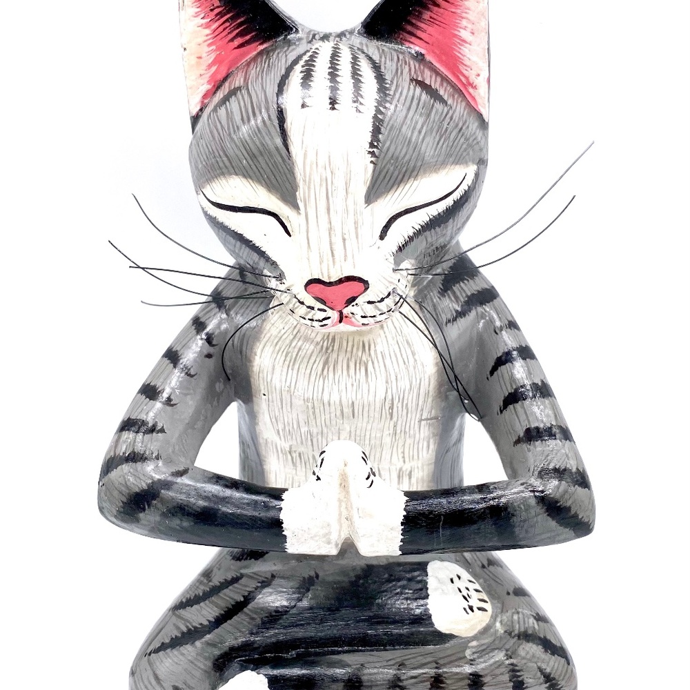 Namaste Hand Carved Wood Painted Cat